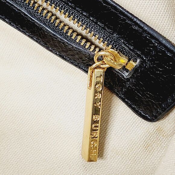 Tory Burch Black Patent Leather Snakeskin Trim Gold Hardware Shoulder Bag Tote - Picture 15 of 16